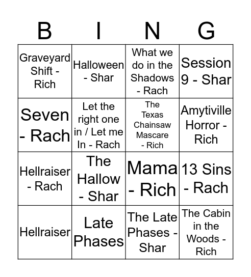 Horror Film Bingo Card