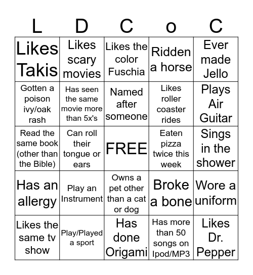 Welcome to LD CoC Youth Group Bingo Card