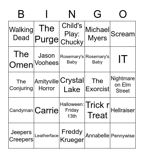 Horror Movie Bingo Card