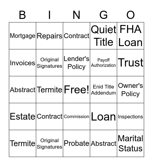 Enid Title & Closing Bingo!  Bingo Card