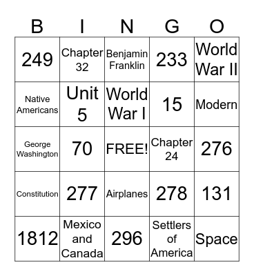 U.S History Bingo Card