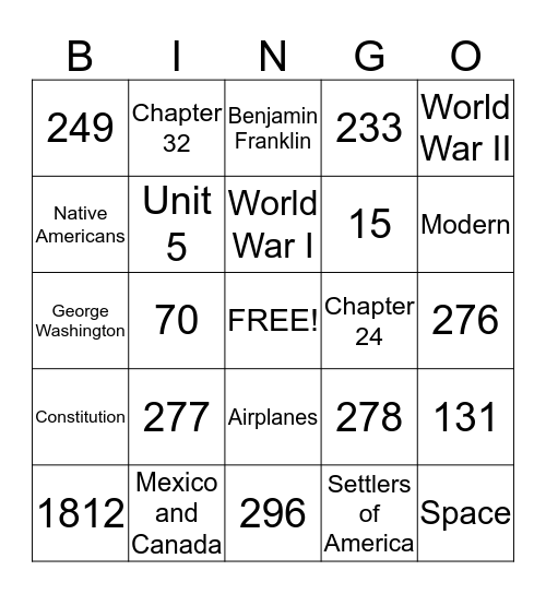 U.S History Bingo Card