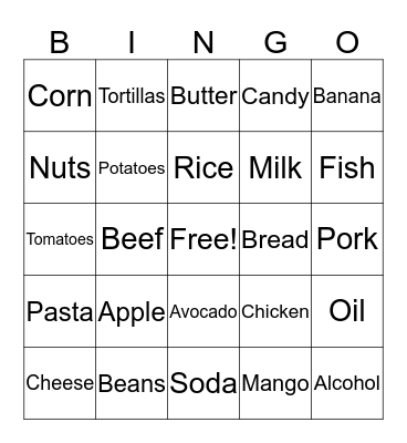 Nutrition Bingo Card