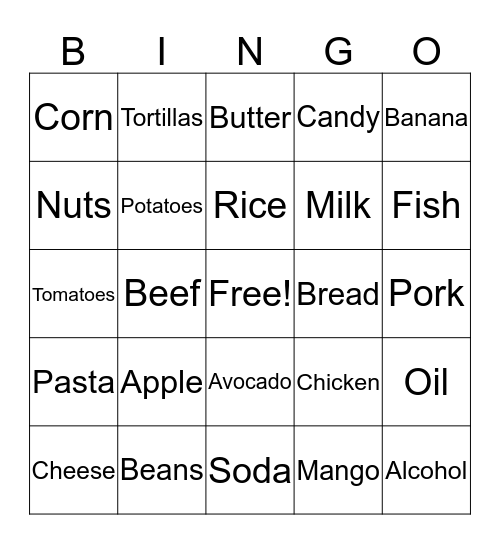 Nutrition Bingo Card