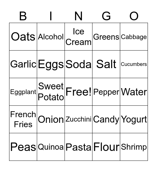 Nutrition Bingo Card