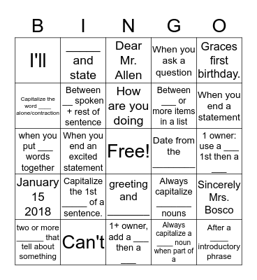 Capitalization/Commas/Apostrophes Usage Bingo Card