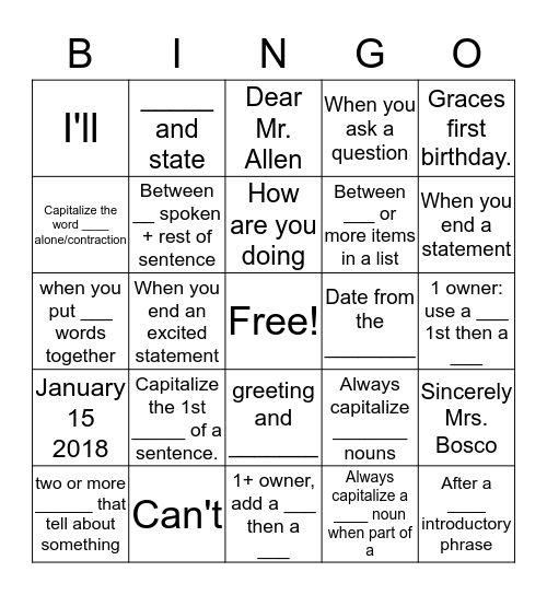 Capitalization/Commas/Apostrophes Usage Bingo Card