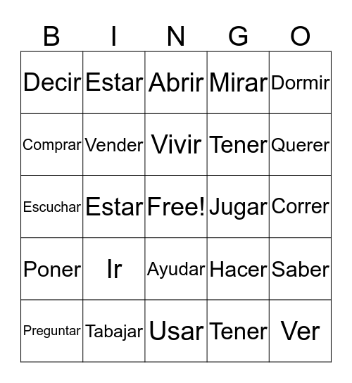 SPANISH BINGO Card