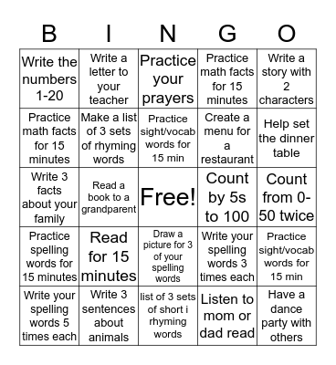 Homework Bingo Card