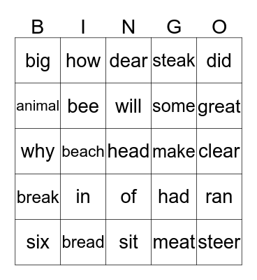 Lesson 7 Short i, sight words, ee, and ea Bingo Card