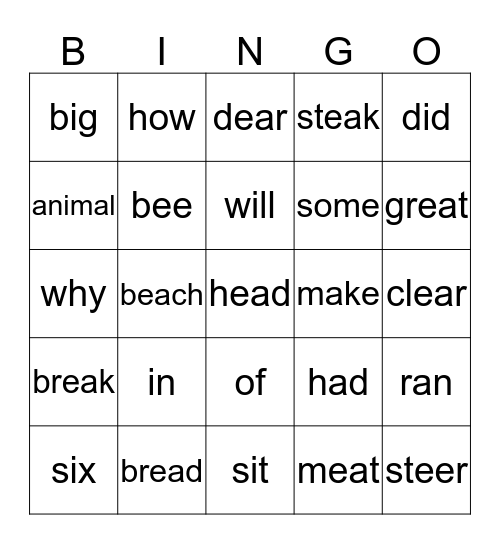 Lesson 7 Short i, sight words, ee, and ea Bingo Card