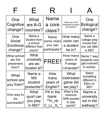 Middle School Loteria Bingo Card