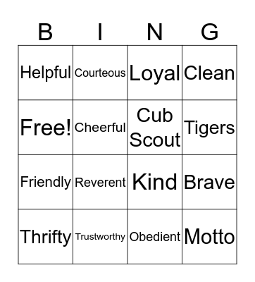 Scout Law Bingo Card