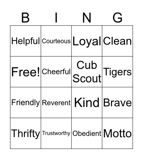 Scout Law Bingo Card