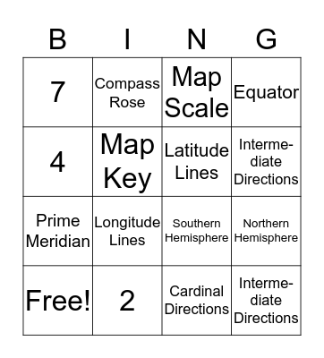 Map Skills Vocabulary  Bingo Card