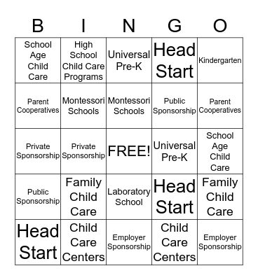Types of Early Childhood Programs Bingo Card