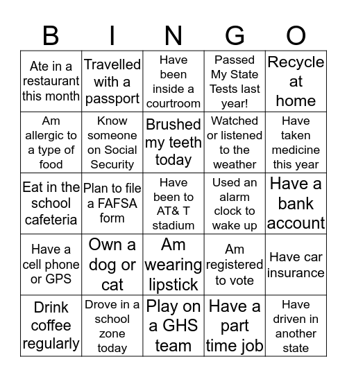 Who is in Your Class Bingo Card