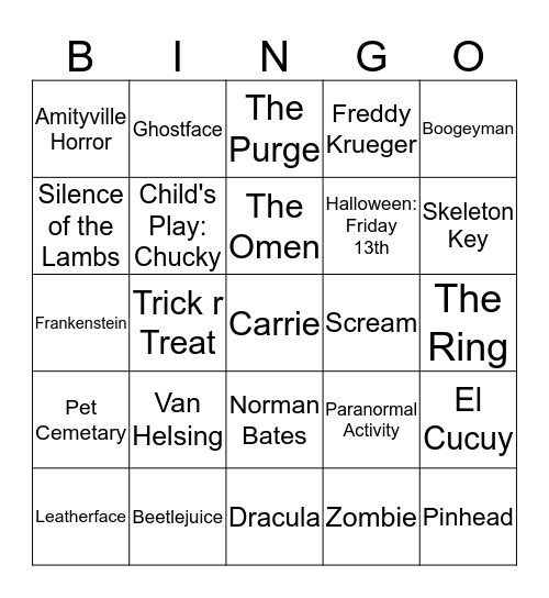 Horror Movie Bingo Card