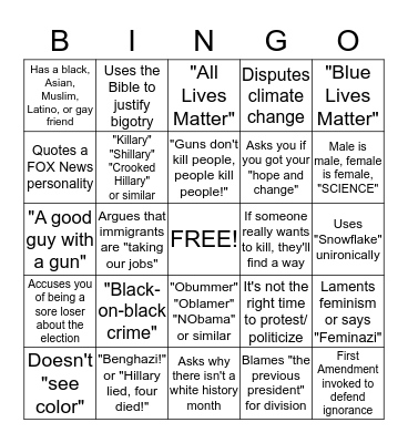 Conservative Facebook Arguments Bingo Card