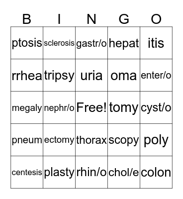 Medical Terminology Bingo Card