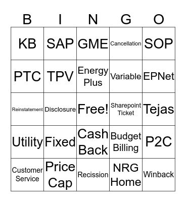 NE NRG BINGO  Bingo Card