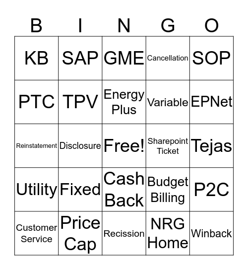 NE NRG BINGO  Bingo Card