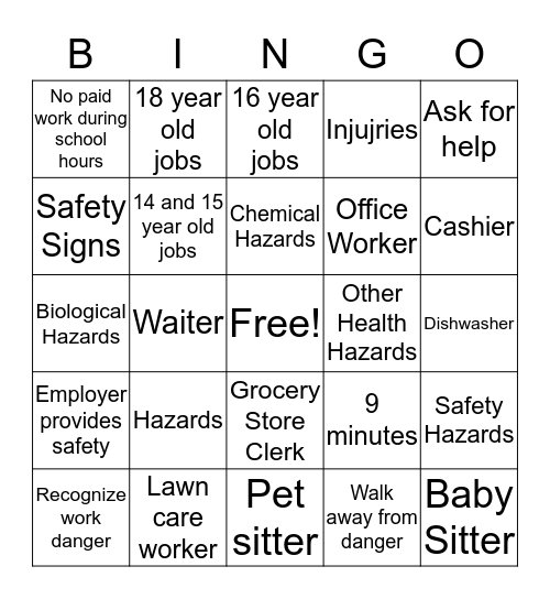 Safety in the Workplace Bingo Card