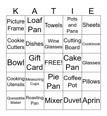KATIE'S BRIDAL SHOWER BINGO Card
