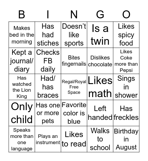 Get to know you Bingo Card