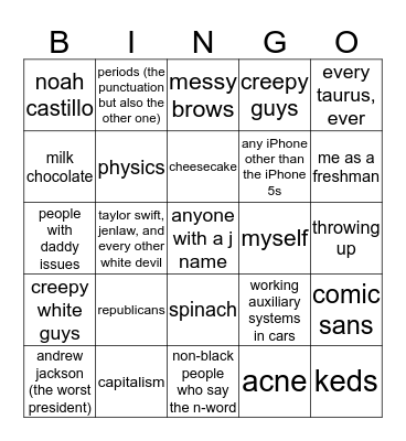 things karime hates bingo Card