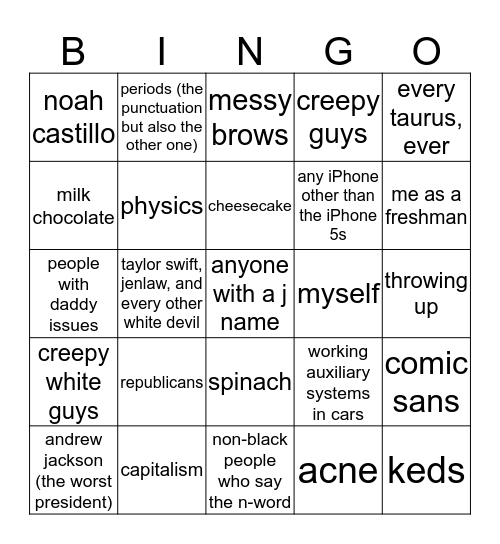 things karime hates bingo Card