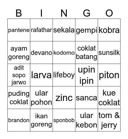 bingo dengan para ular Bingo Card