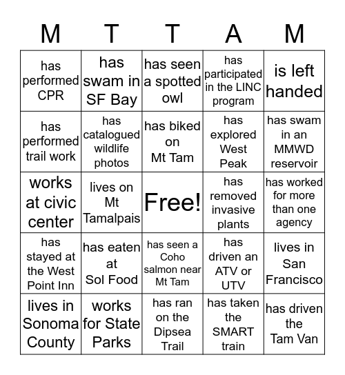 Tamalpais Lands Collaborative - Bingo! Bingo Card