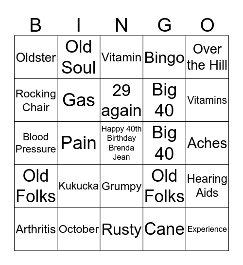 Happy 40th Birthday Bingo Card
