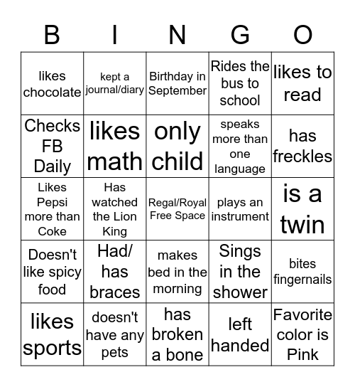 Get to know you Bingo Card