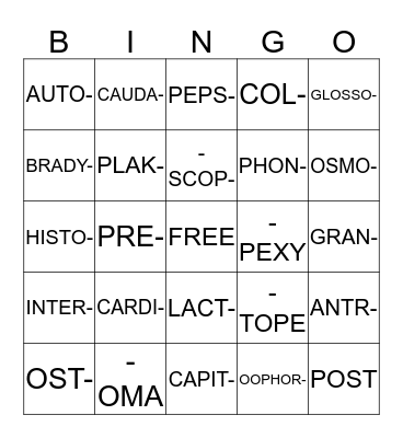 Medical Terminology Bingo Card