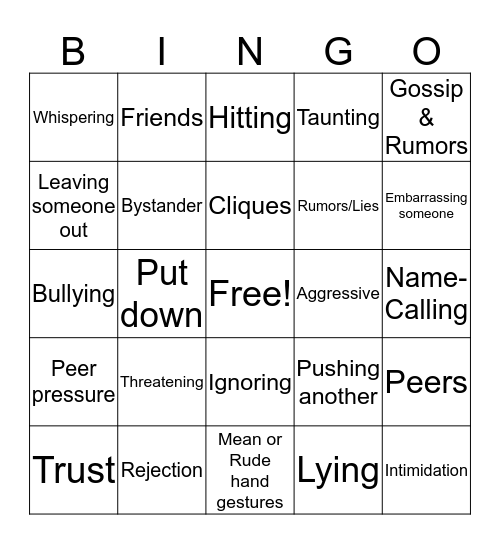 Anti-Bully Bingo Card