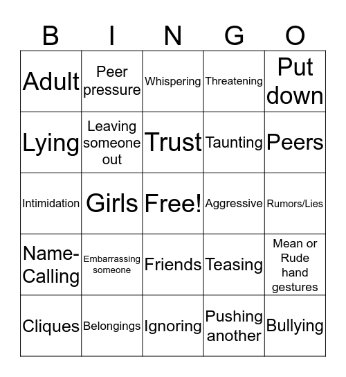 Anti-Bully Bingo Card