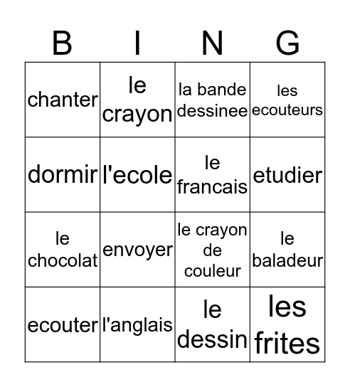 Francais I chapitre 2, vocabulaire 1 Bingo Card