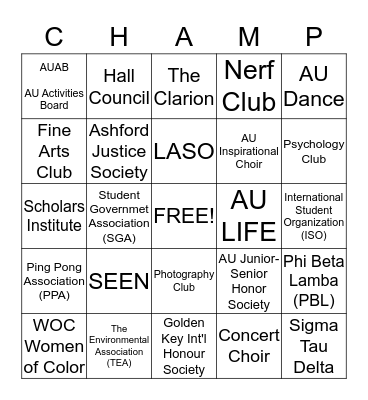 AU Clubs and Organization BINGO Card