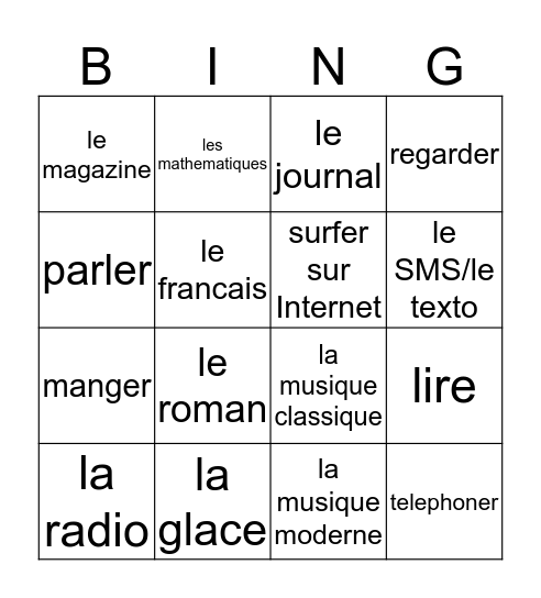 French 1, Chapter 2, Vocabulary 1 Bingo Card