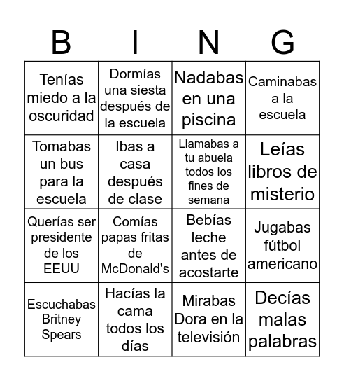 El Imperfecto Bingo Card