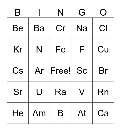 Periodic Table Bingo Card