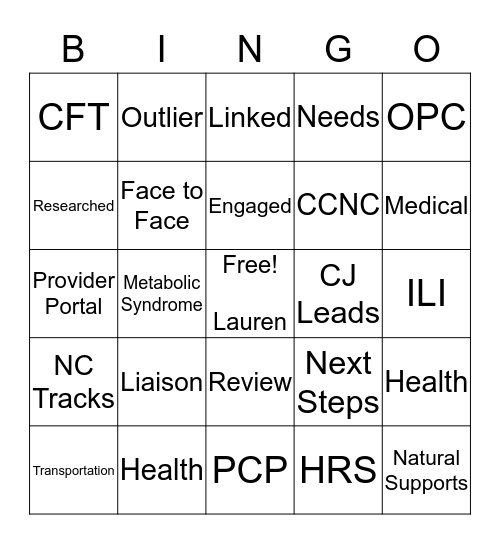 MHSUD Care Coordination Bingo Card