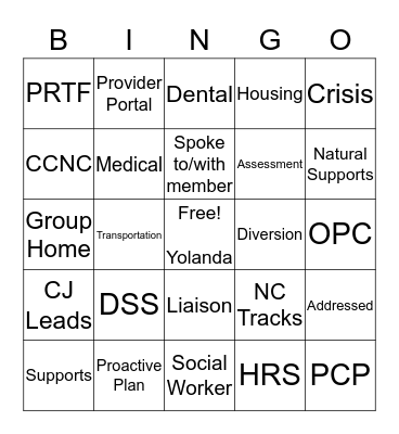 MHSUD Care Coordination Bingo Card