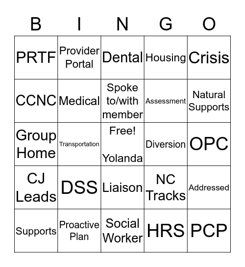 MHSUD Care Coordination Bingo Card