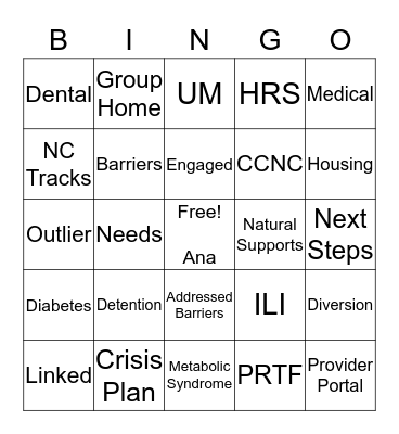 MHSUD Care Coordination Bingo Card