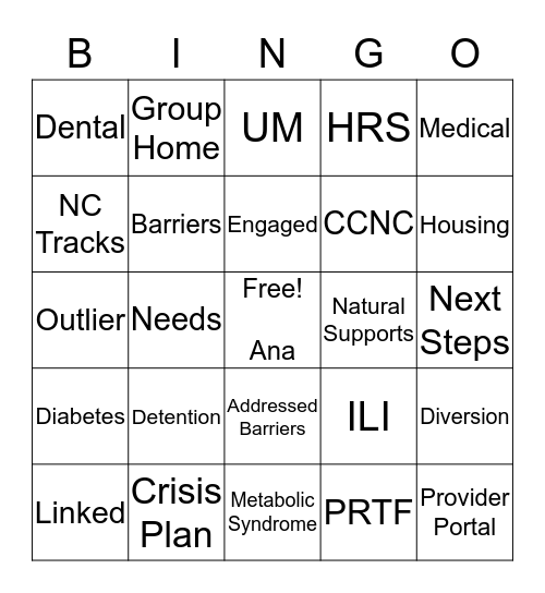 MHSUD Care Coordination Bingo Card