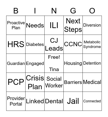 MHSUD Care Coordination Bingo Card