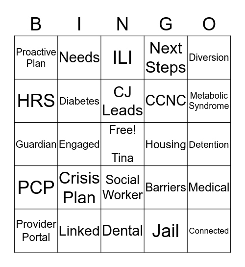 MHSUD Care Coordination Bingo Card